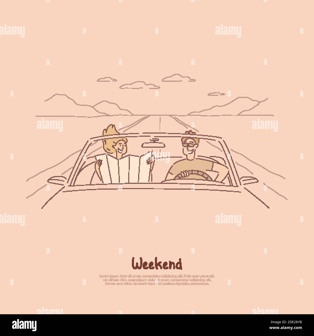 Voyager Ensemble En Voiture Couple En Voyage Sur Route Regardant La Carte Pour Trouver Le Chemin Vacances D Ete Vacances En Banniere Cabriolet Animation De Week End Con Image Vectorielle Stock Alamy