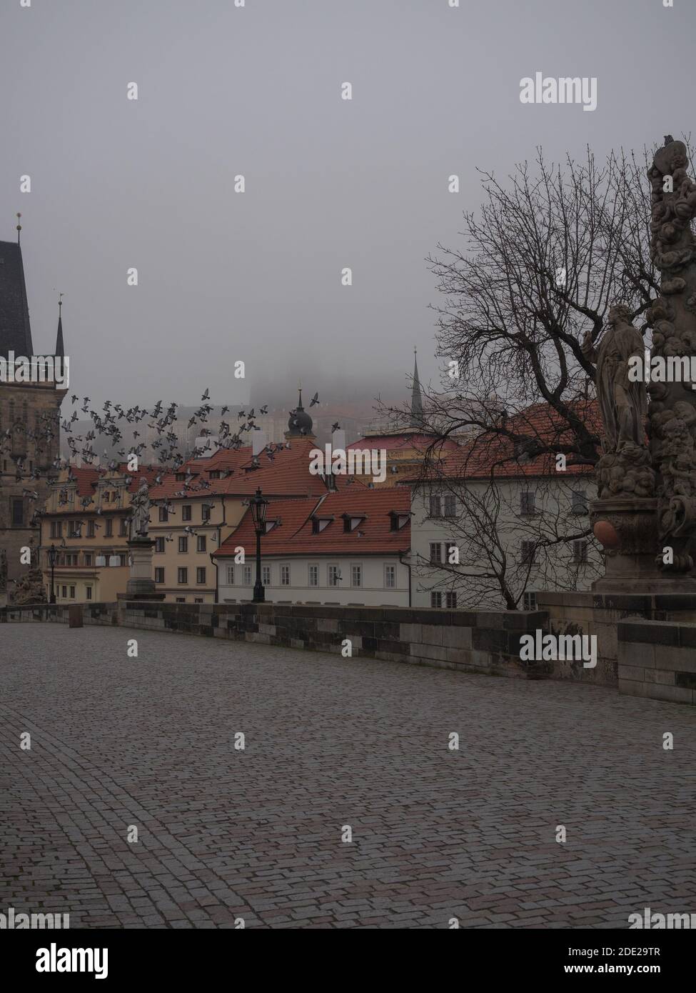 Château de Prague et petite ville vu à travers le brouillard frm Charles Bridge à Prague le matin de l'automne Banque D'Images