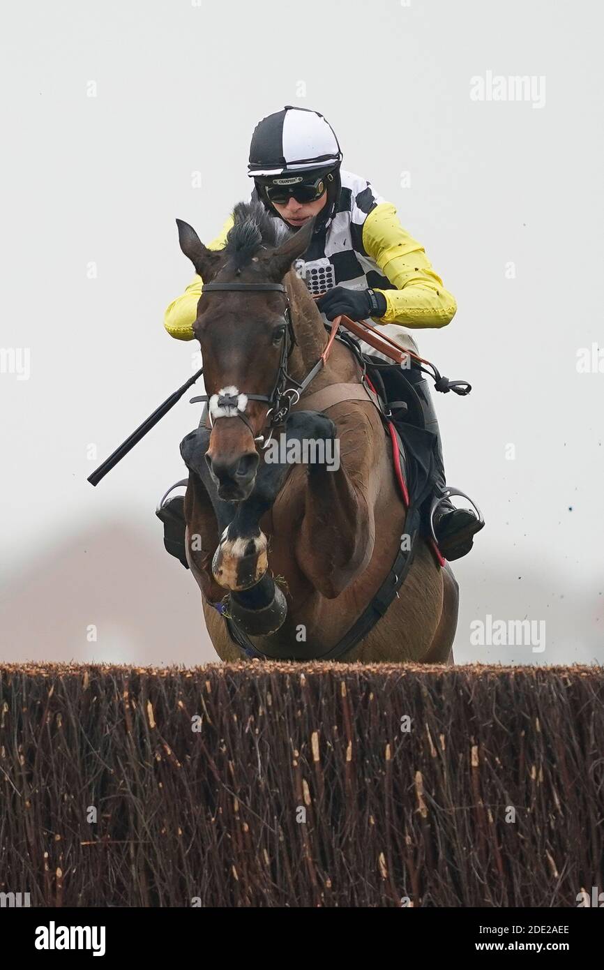 Prochaine destination criblée par Harry Cobden sort le dernier à gagner le Ladbrokes John Francome novices' Chase à Newbury Racecourse. Banque D'Images