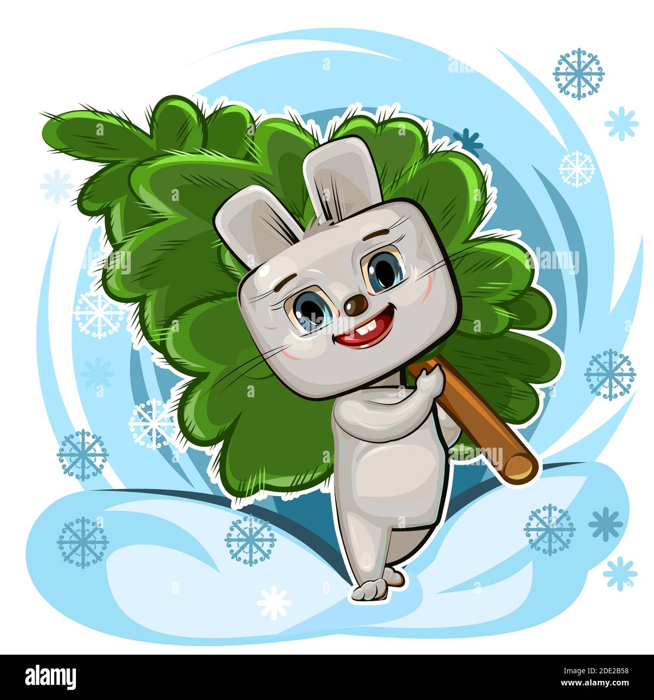 Le lièvre. Le lapin porte un arbre de Noël. Personnage de dessin animé gai. L'animal de bonne nature se prépare pour la nouvelle année. Marche le long de la piste Illustration de Vecteur