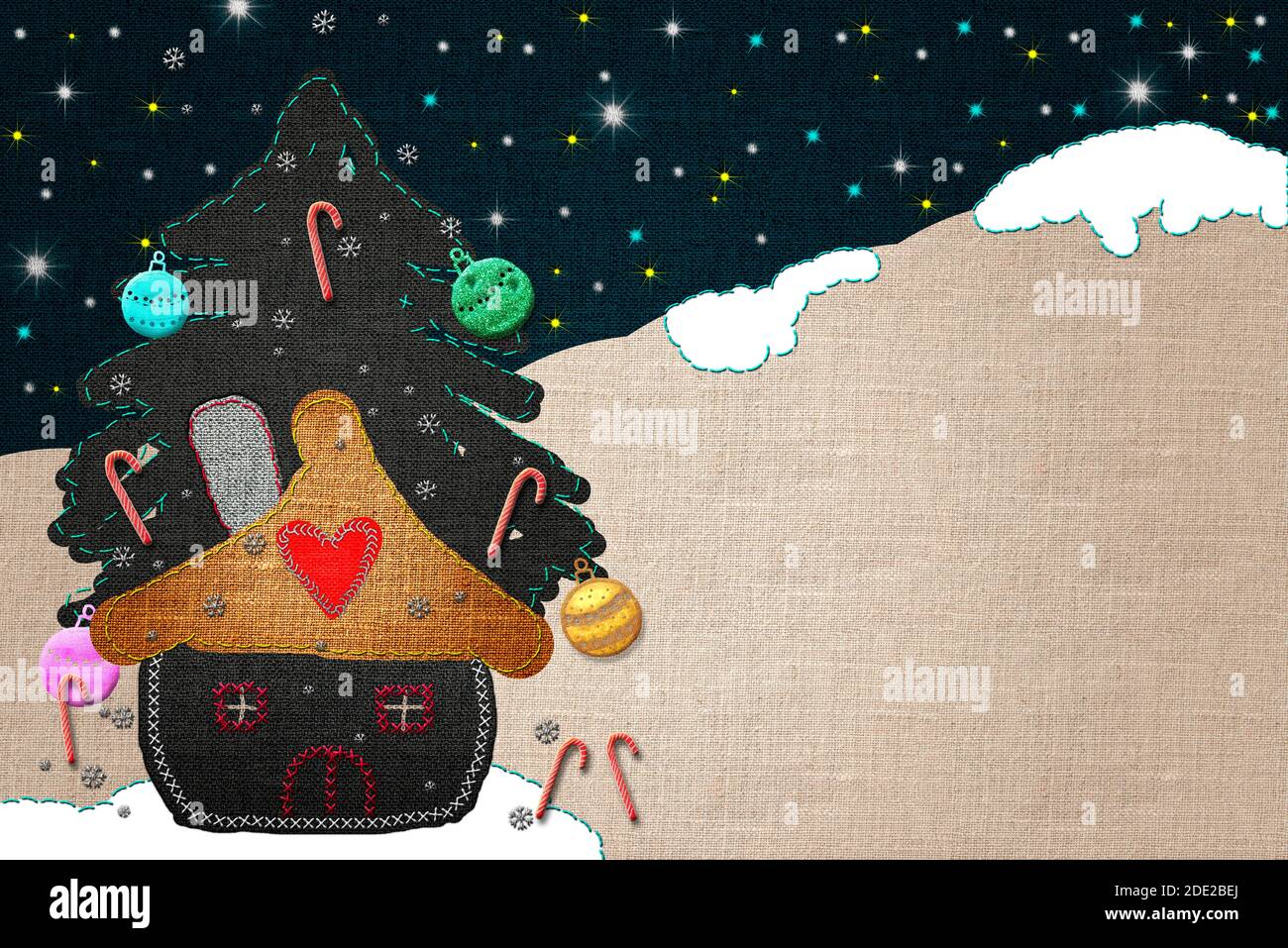 Carte de Noël à motif arrière-plan mignon pour enfants. Petite maison drôle et arbre de Noël dans un paysage enneigé, fait avec des découpes de tissu dans le style fait à la main avec des Banque D'Images