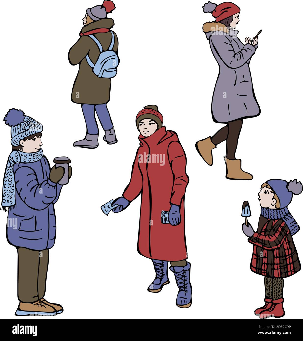 Collection vectorielle de personnes en vêtements d'hiver. Illustration de dessins animés saisonniers, hiver. Illustration de Vecteur