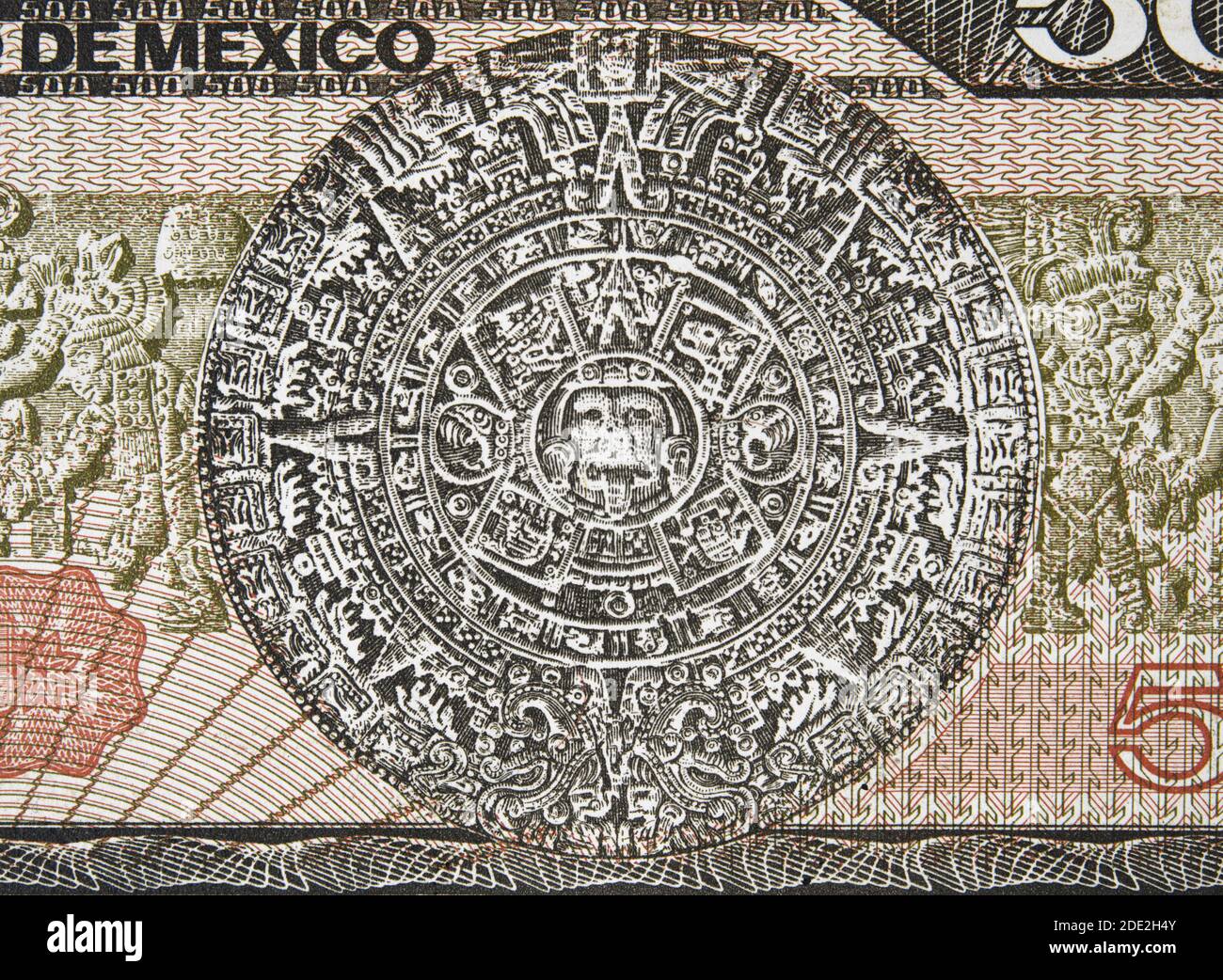 Aztec Calendrier Sun Stone (Piedra del sol) et Mayan bas-relief sur le Mexique 500 peso (1983) billet de banque, Mexico argent closeup macro Banque D'Images