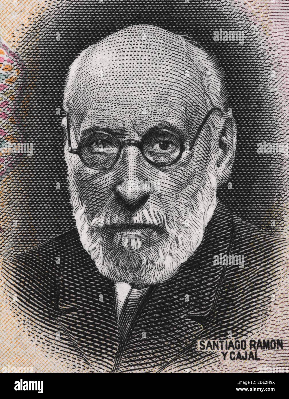 Santiago Ramon y Cajal portrait sur l'Espagne 50 pesetas banknote (1935) closeup, pathologiste espagnol, pionnier de la neuroscience moderne, lauréat du prix Nobel. Banque D'Images