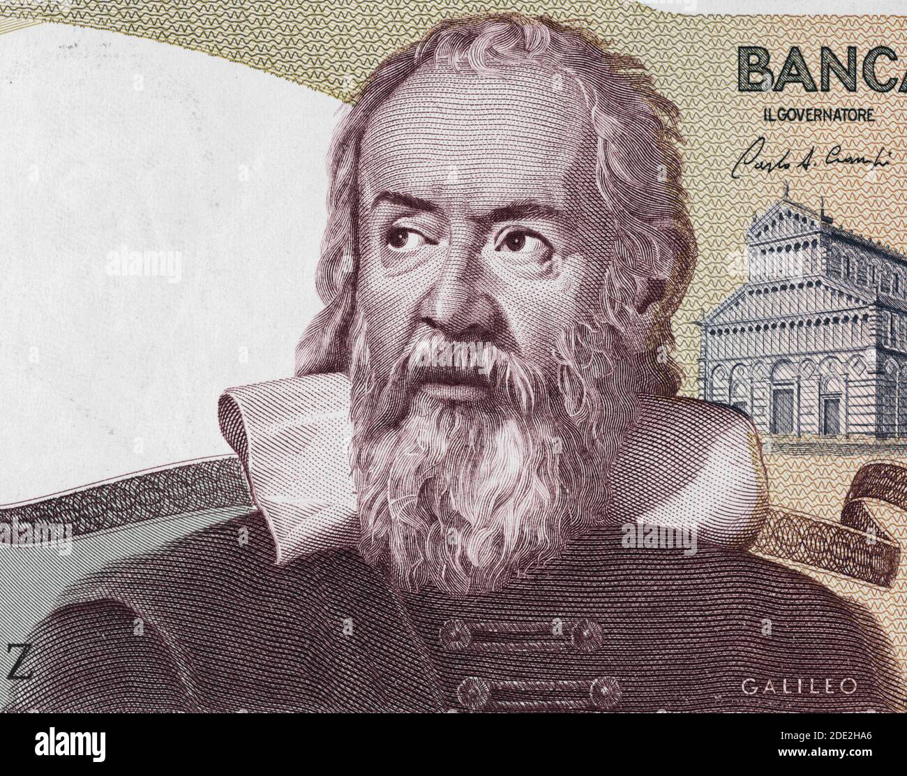 Galileo Galilei portrait sur l'Italie 2000 lire (1983) billet de banque macro, génie scientifique italien, mathématicien, astronome, philosophe et inventer Banque D'Images