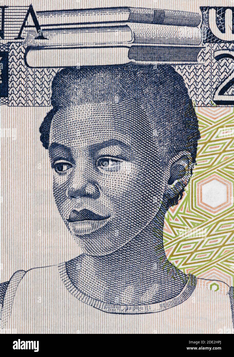 Portrait de fille d'école sur le Ghana 2 cedi (1982) billet de banque, clôture de l'argent ghanéen. Banque D'Images