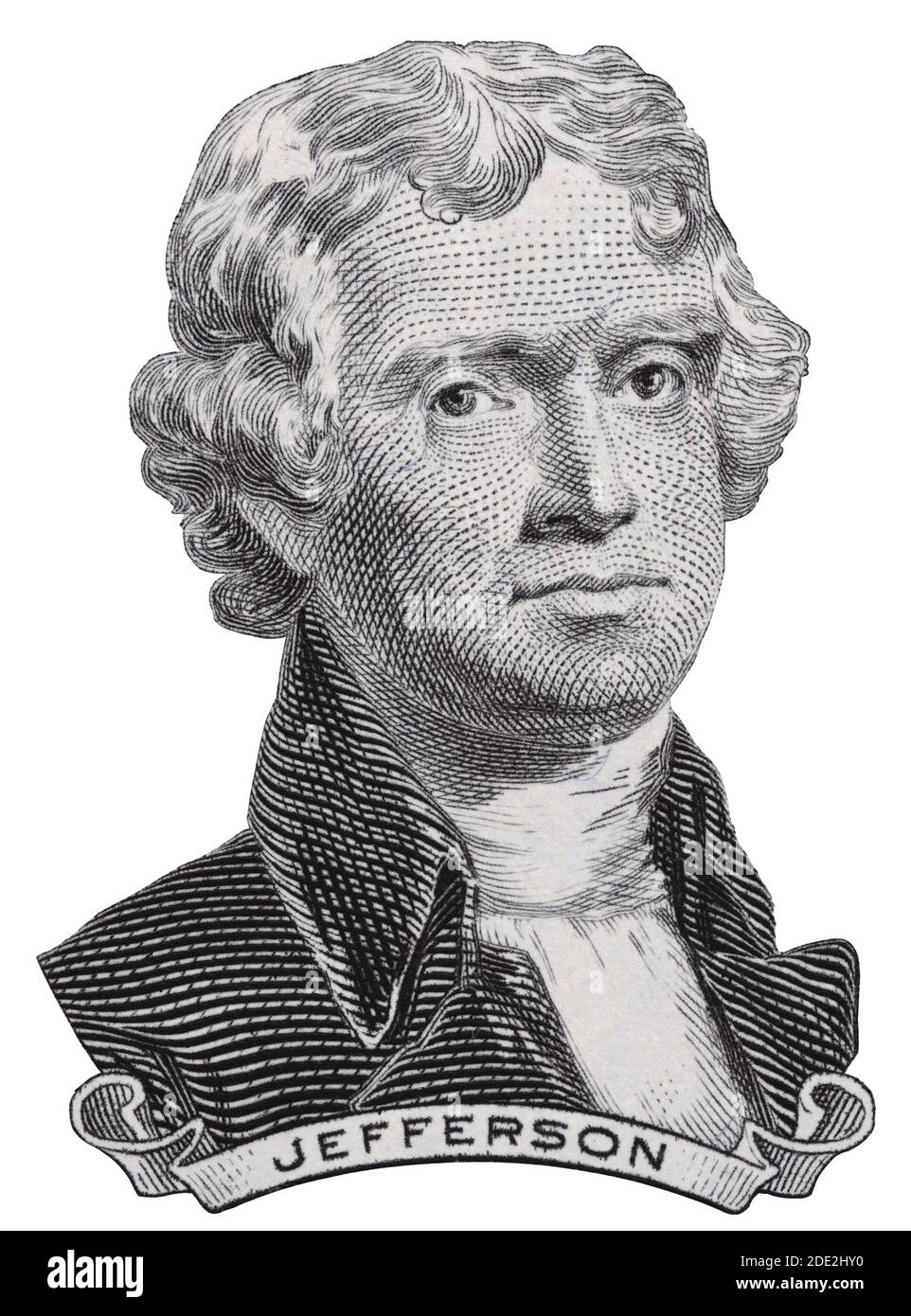 Le président Thomas Jefferson face à nous deux dollars projet de loi macro-isolé, états-unis de la monnaie de clôture Banque D'Images
