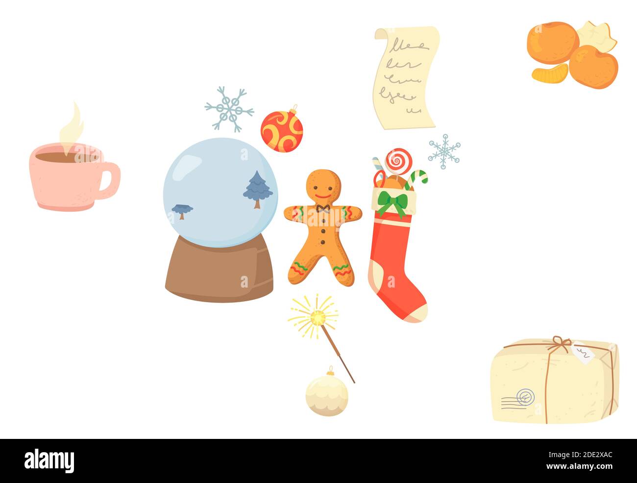 Ensemble de décorations et de symboles pour les éléments de Noël douillets. Cadeau, globe de noël, bonhomme de neige, bonhomme de pain d'épice, arbre de Noël et jouets. Vacances d'hiver Illustration de Vecteur