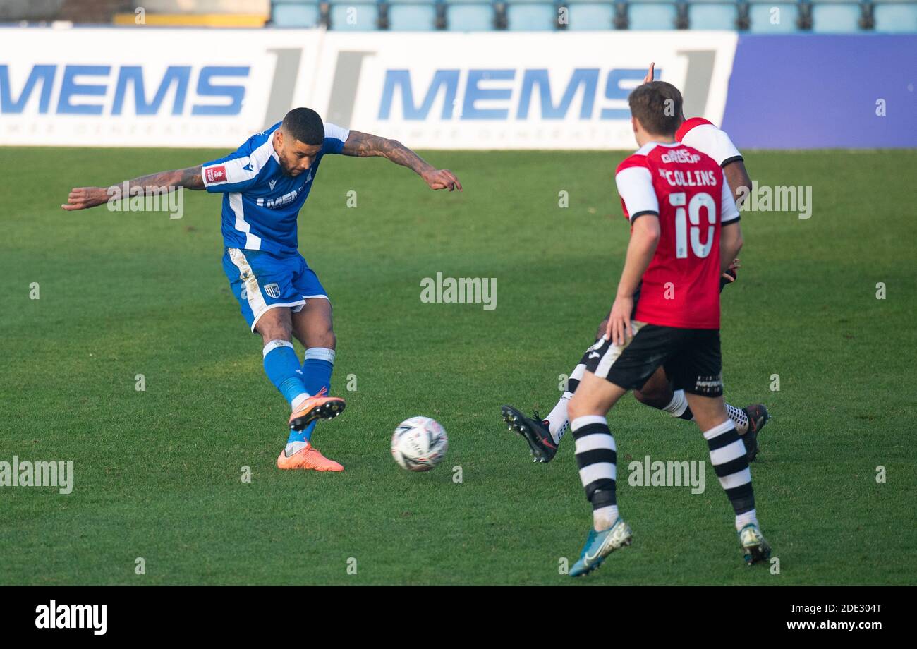 Gillingham, Royaume-Uni. 28 novembre 2020. Gillingham Dominic Samuel lors de la coupe FA à portes fermées, match entre Gillingham et Exeter City au MEMS Priestfield Stadium, à Gillingham, en Angleterre, le 28 novembre 2020. Photo par Andrew Aleksiejczuk/Prime Media Images. Crédit : Prime Media Images/Alamy Live News Banque D'Images