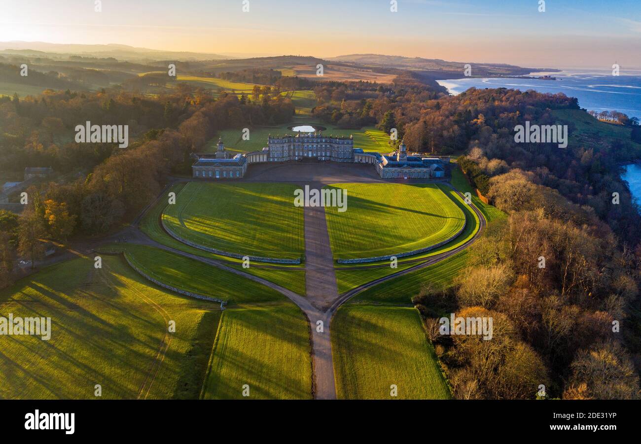 Vue aérienne Hopetoun House, South Queensferry, Écosse. Banque D'Images