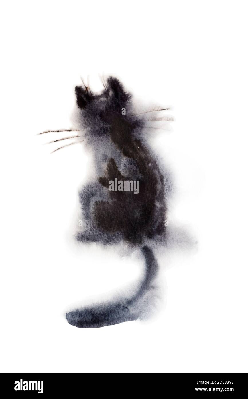 Vue arrière de l'aquarelle humide noire de chat sur papier illustration primitive douce Banque D'Images
