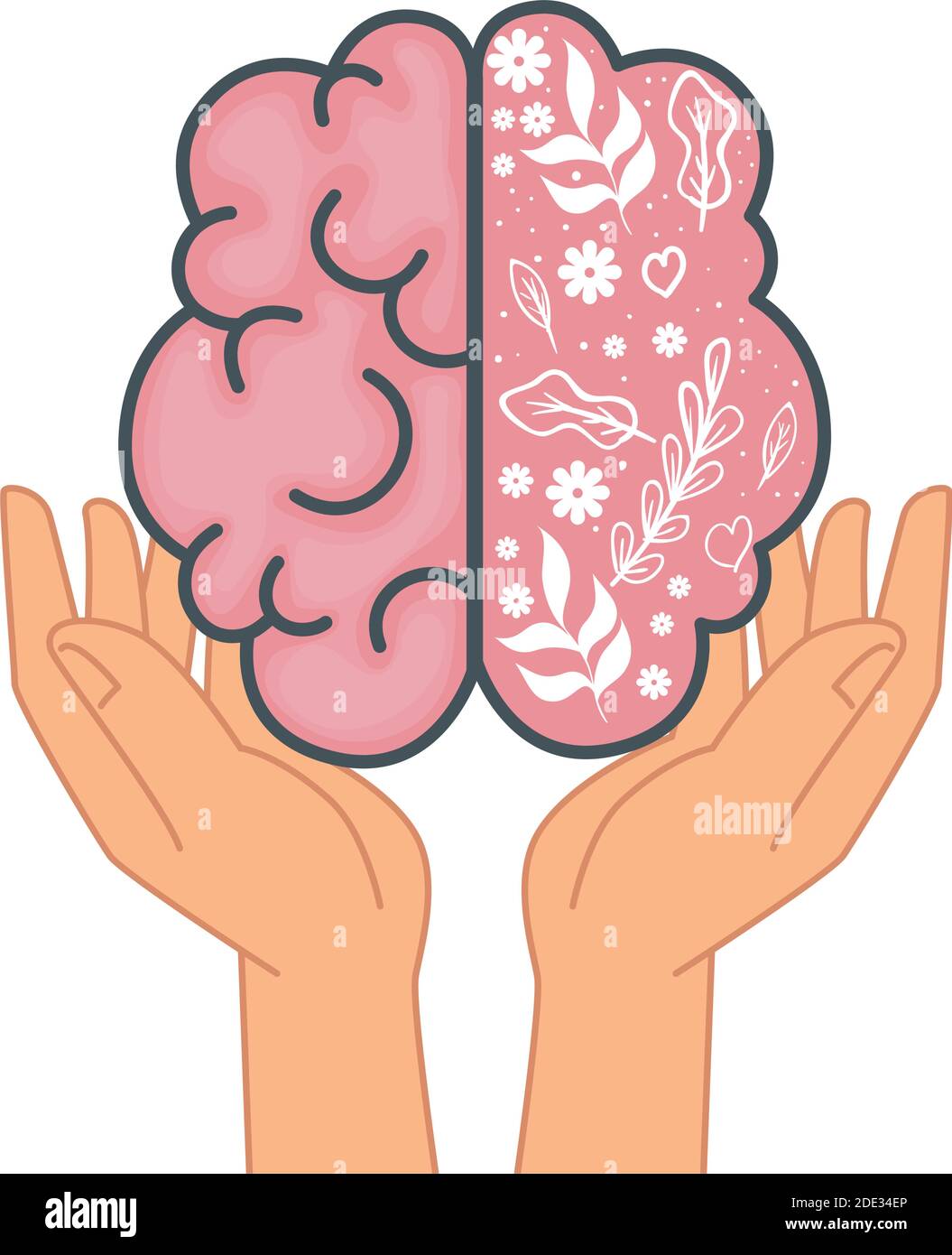 santé mentale mains soulever organe du cerveau avec des fleurs et des feuilles Illustration de Vecteur