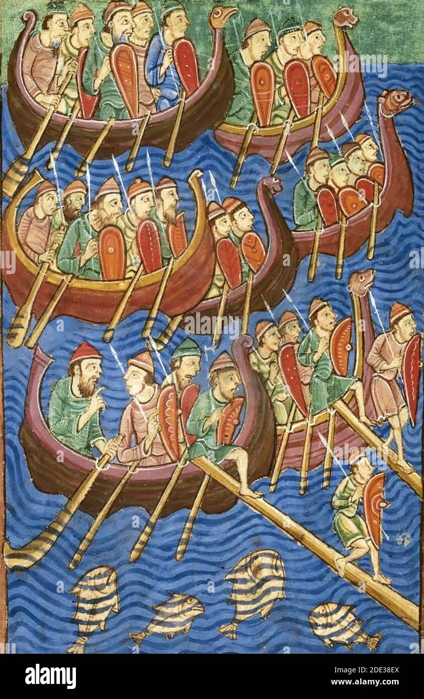INVASION VIKING d'Abbo (sic) du manuscrit de Fleury Passio Sancti Eadmundi vers 1130 racontant l'histoire de St Edmund qui a été tué par Vikings en 869. Banque D'Images