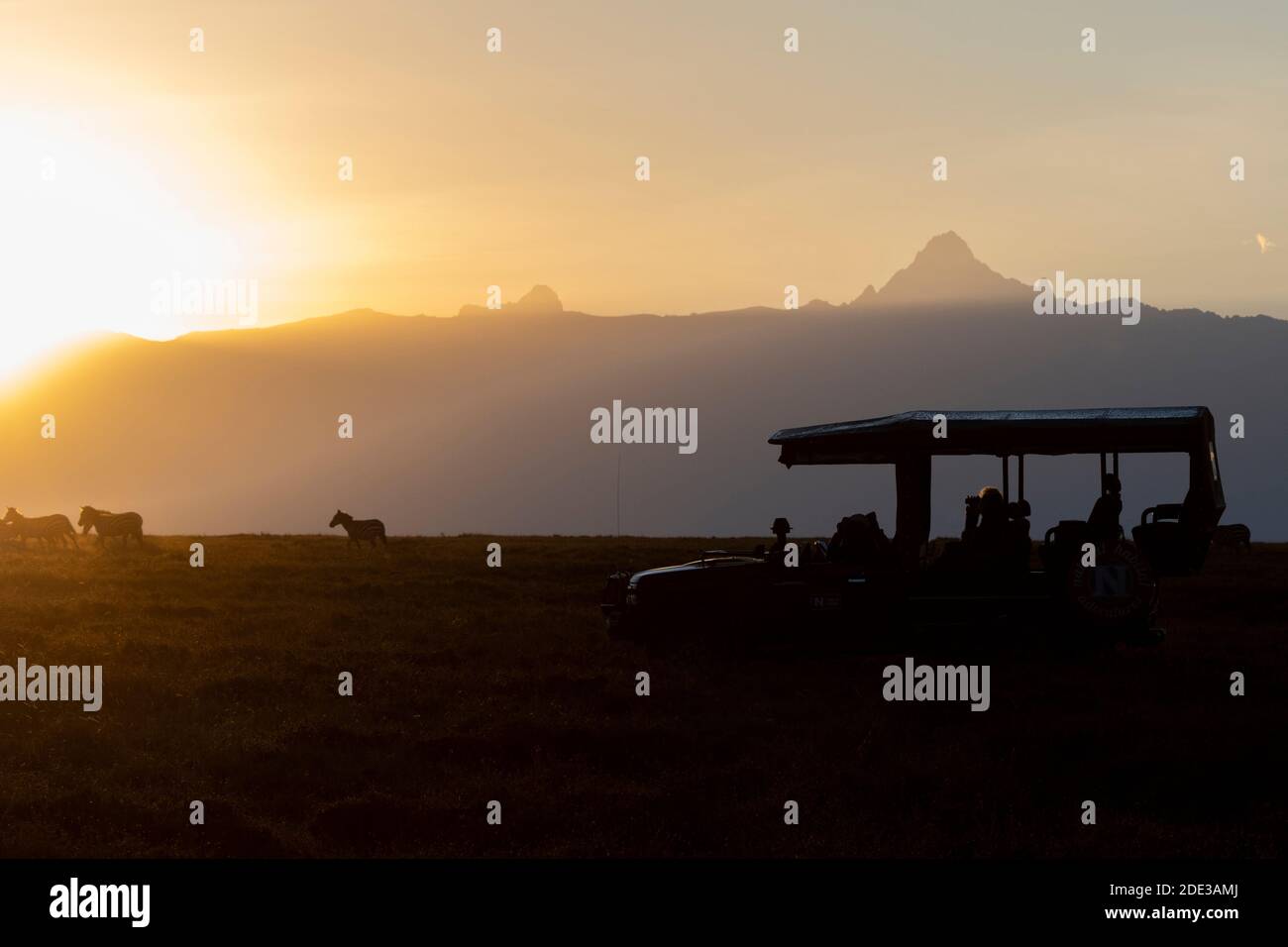 Afrique, Kenya, plateau de Laikipia, District de la frontière du Nord, OL Pejeta Conservancy. Mont Kenya lever du soleil. Safari jeep avec zébra dans la distance. Banque D'Images