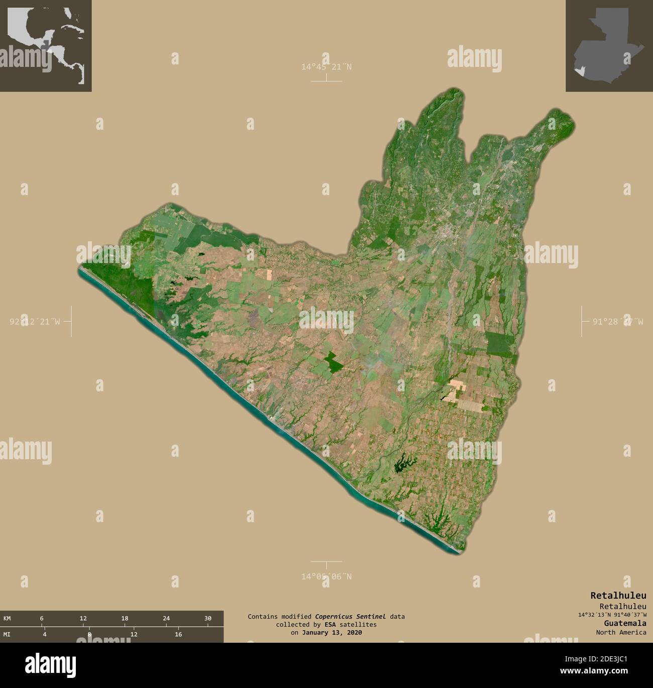 Retalhuleu, département du Guatemala. Imagerie satellite Sentinel-2. Forme isolée sur un arrière-plan solide avec des superpositions informatives. Contient COP modifié Banque D'Images