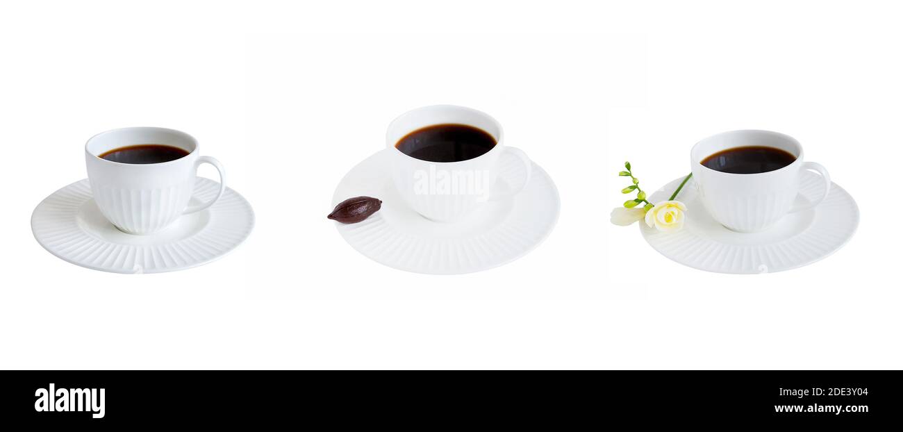 Café noir dans une tasse blanche, isolé sur fond blanc. Jeu de trois tasses Banque D'Images Café noir dans une tasse blanche, isolé sur fond blanc. Jeu de trois tasses Banque D'Images