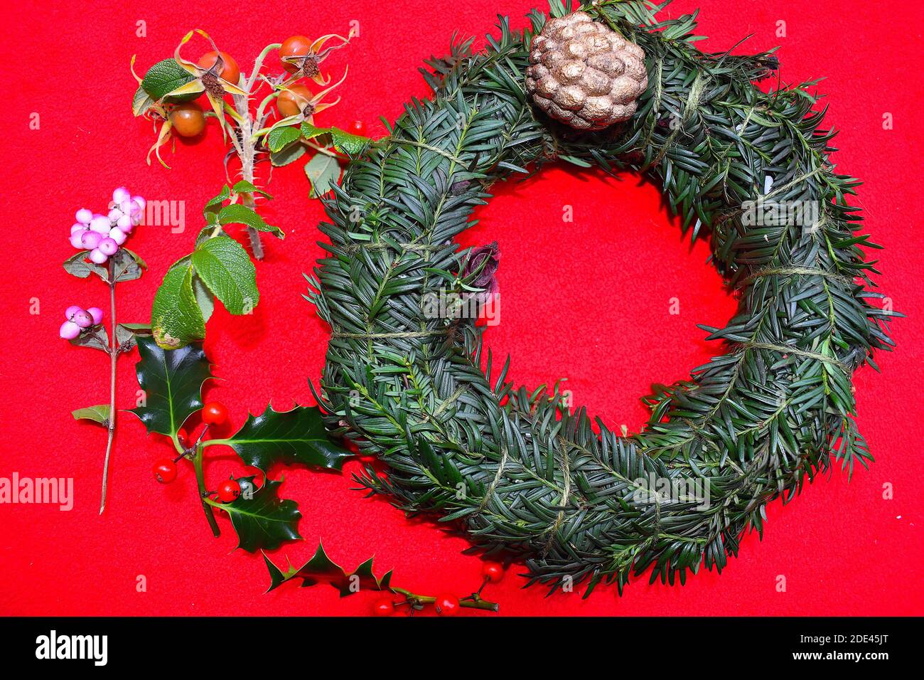 Les branches de l'arbre de l'if anglais se tordent pour former une couronne de Noël traditionnelle décorée de feuillage d'hiver naturel, y compris des baies roses houleuses aux hanches roses. Banque D'Images