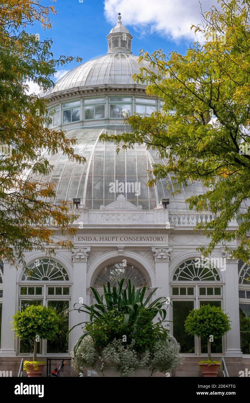 Enid A. Haupt Conservatory and Pond with Water lilies Greenhouse, New York Botanical Garden, Bronx, New York City, New York State, États-Unis. Banque D'Images