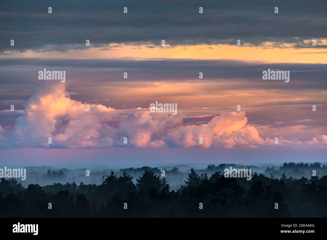 Nuages illuminés par le soleil levant et l'humeur du matin avec brouillard de mer au-dessus de Henne Strand, Henne Strand, Hen, Jutland, Danemark Banque D'Images