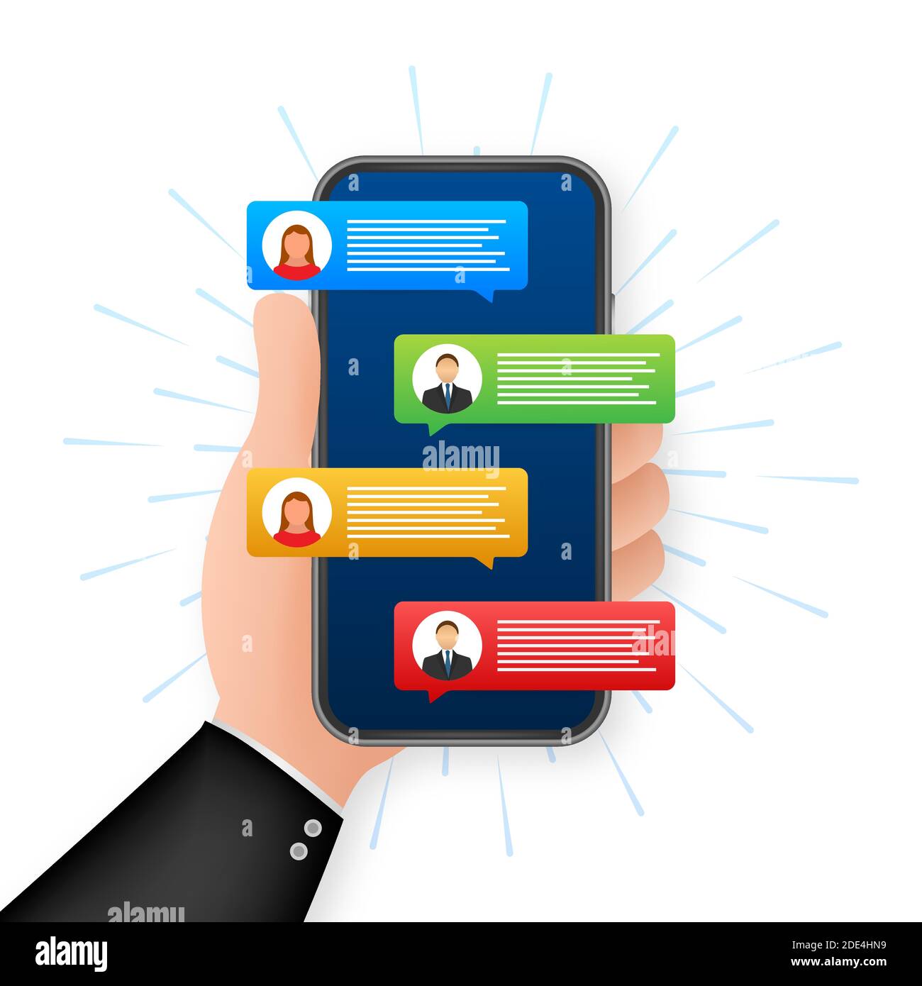 Concept de messagerie. Tenez votre smartphone avec vos interlocuteurs. Bulles de texte de discussion sur l'écran du téléphone. Illustration de Vecteur