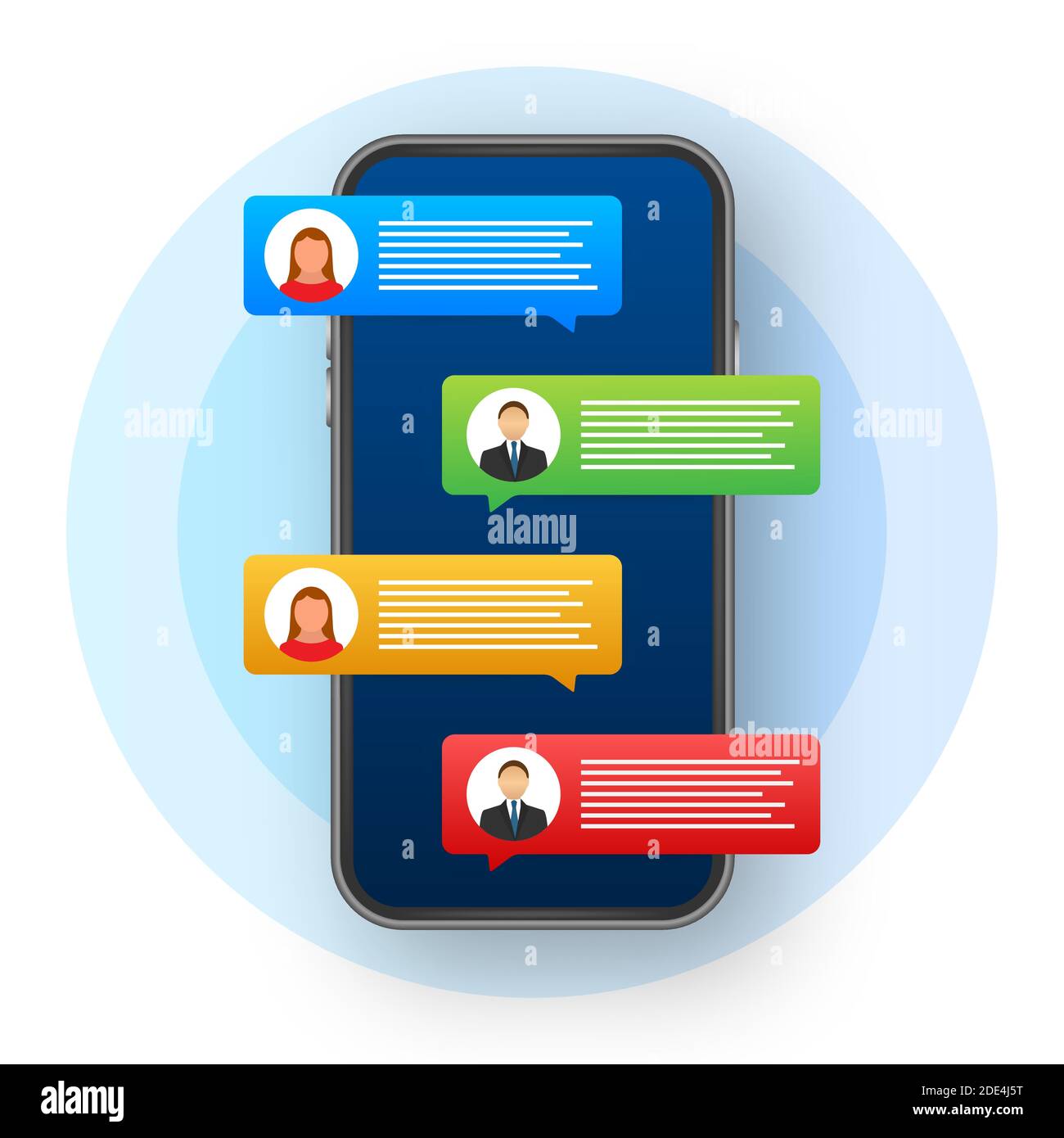 Concept de messagerie. Tenez votre smartphone avec vos interlocuteurs. Bulles de texte de discussion sur l'écran du téléphone. Illustration de Vecteur
