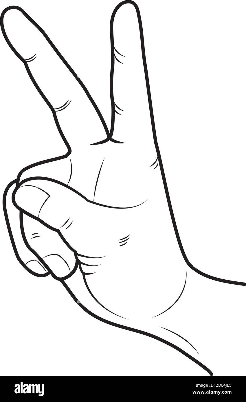 Croquis de main avec deux doigts vers le haut, symbole de victoire ou de paix sur fond blanc, illustration vectorielle Illustration de Vecteur