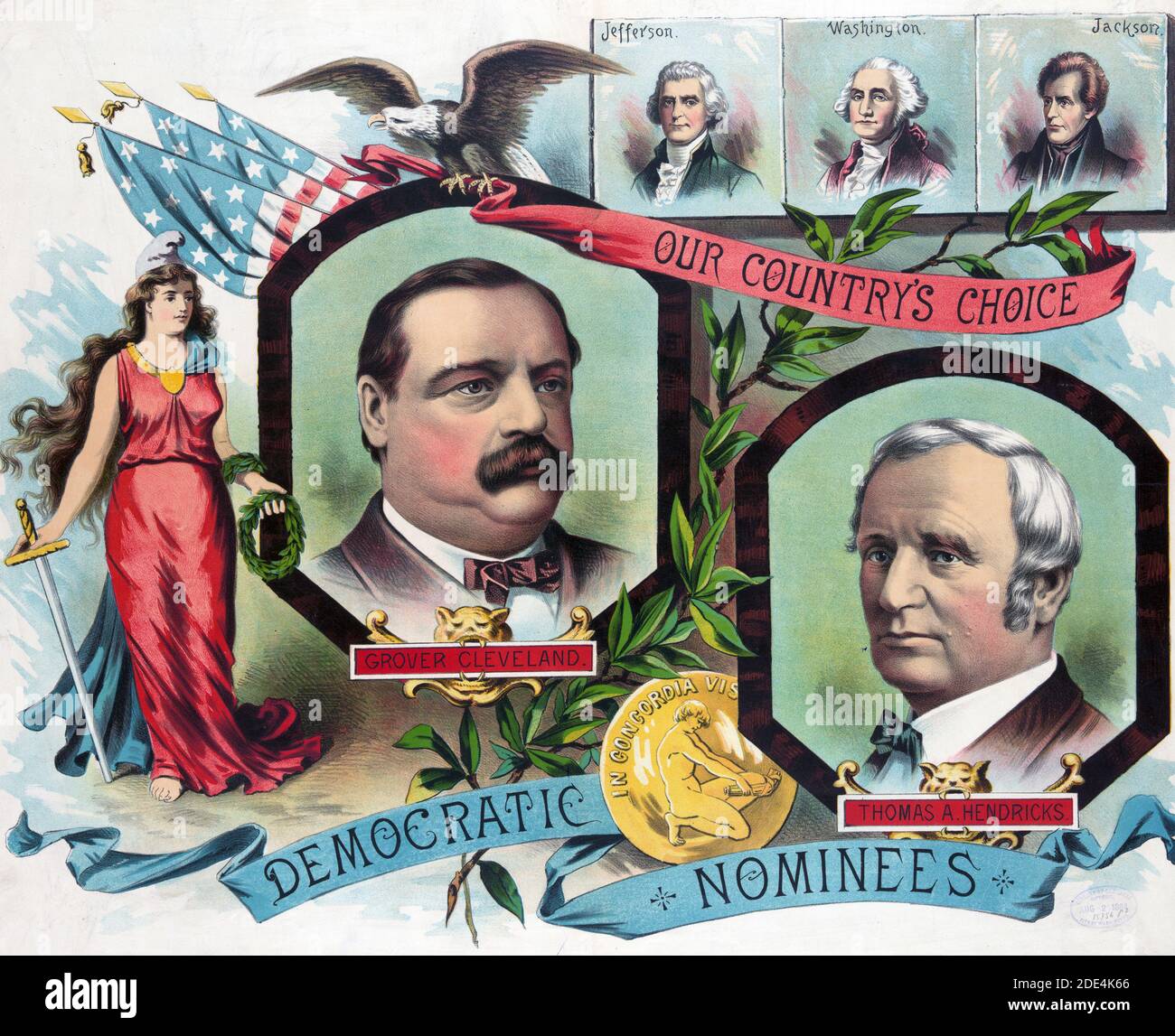 Impression a des tête-et-épaules portraits de Grover Cleveland, Thomas A. Hendricks, les candidats démocrates à la présidence en 1884, aussi des portraits de Jefferson, Washington, et Jackson. Banque D'Images