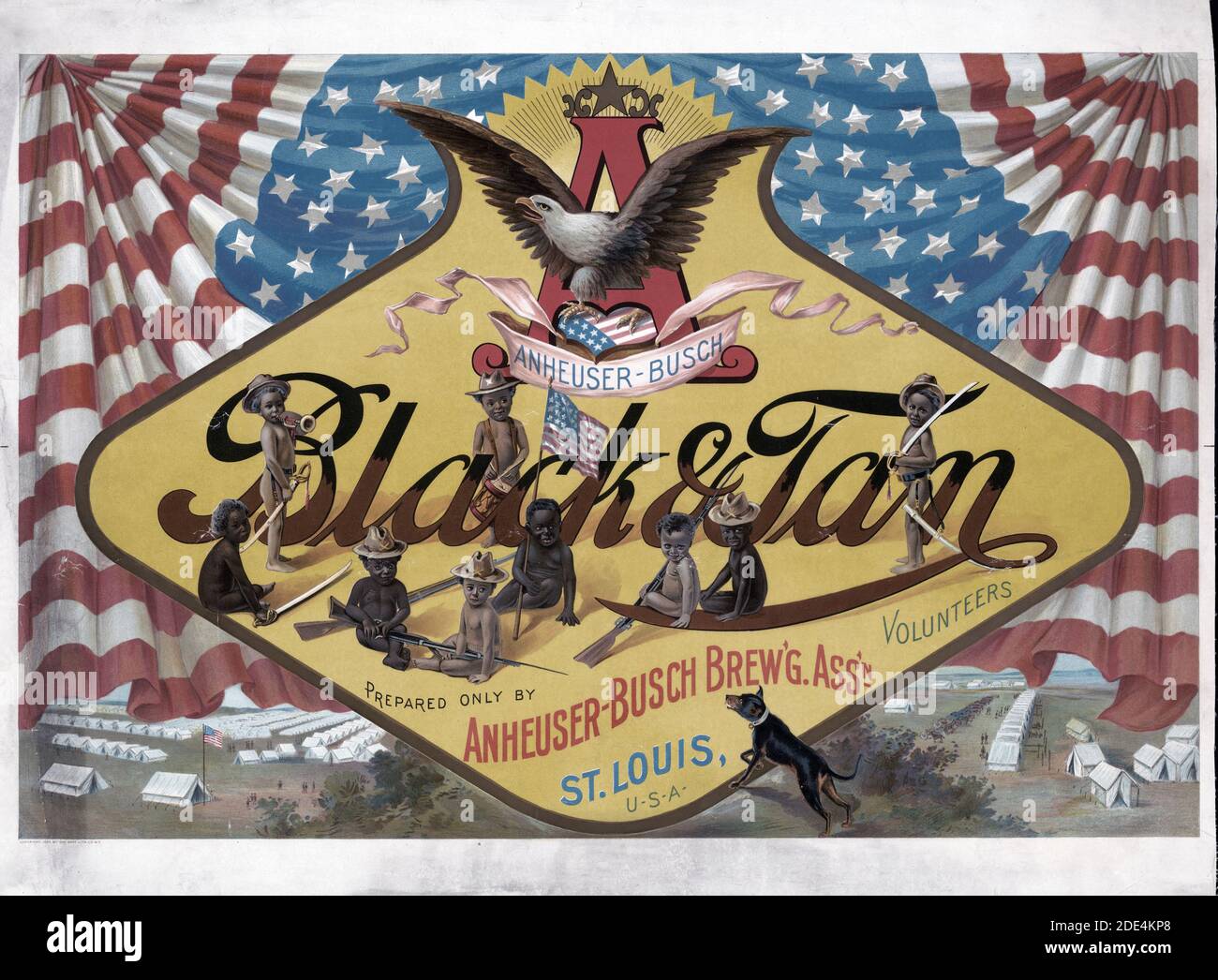 Publicité de bière montrant enfants afro-américains de lumière et  d'obscurité le teint portant des chapeaux et des confédérés holdings des  épées et des fusils comme soldats ; le logo de la bière