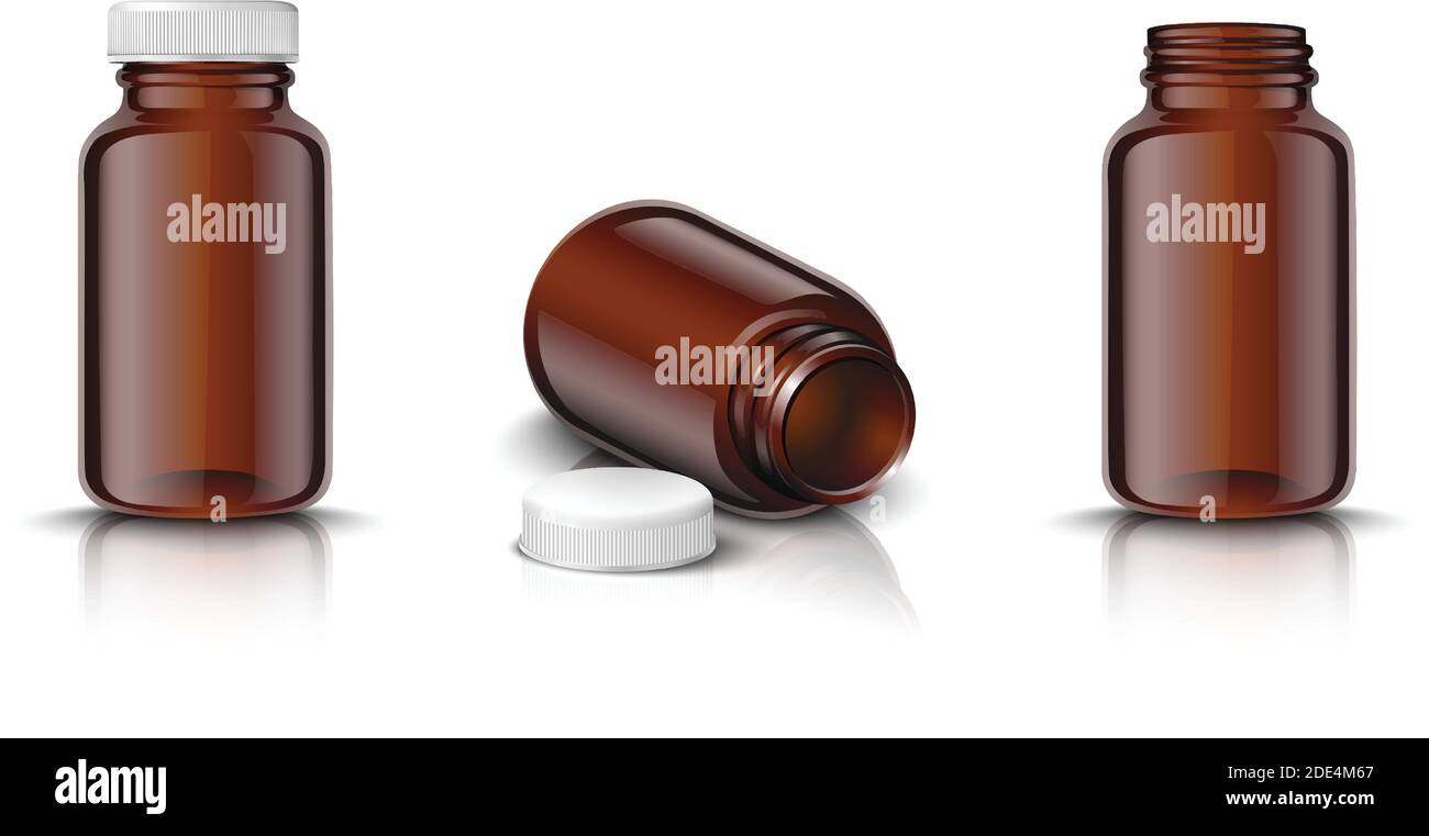 ensemble de flacons de médicaments 3d réalistes en verre brun avec capuchon blanc. Illustration d'icône isolée sur fond blanc. Illustration de Vecteur