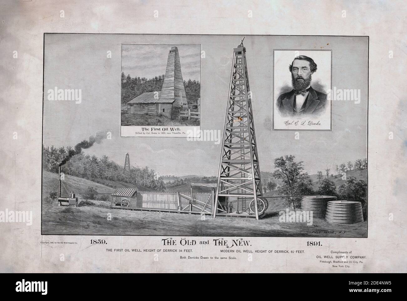 L'ancien et le nouveau., le premier puits de pétrole..., de l'huile moderne et bien... (Peut-être 1891) Banque D'Images
