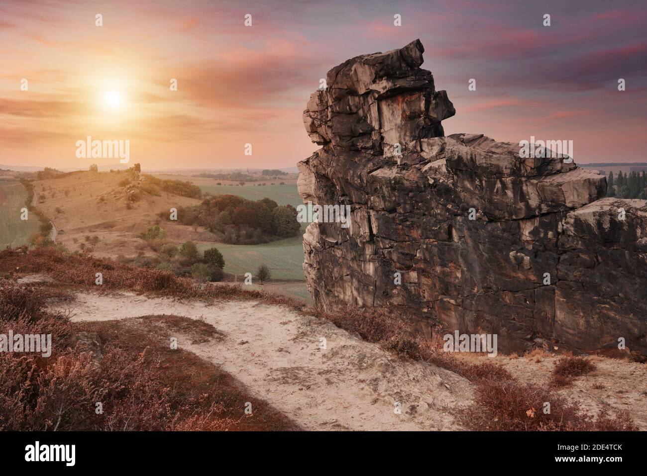 Teufelsmauer, Devil's Wall, formation rocheuse en Saxe-Anhalt, montagnes de Harz, Allemagne. Banque D'Images