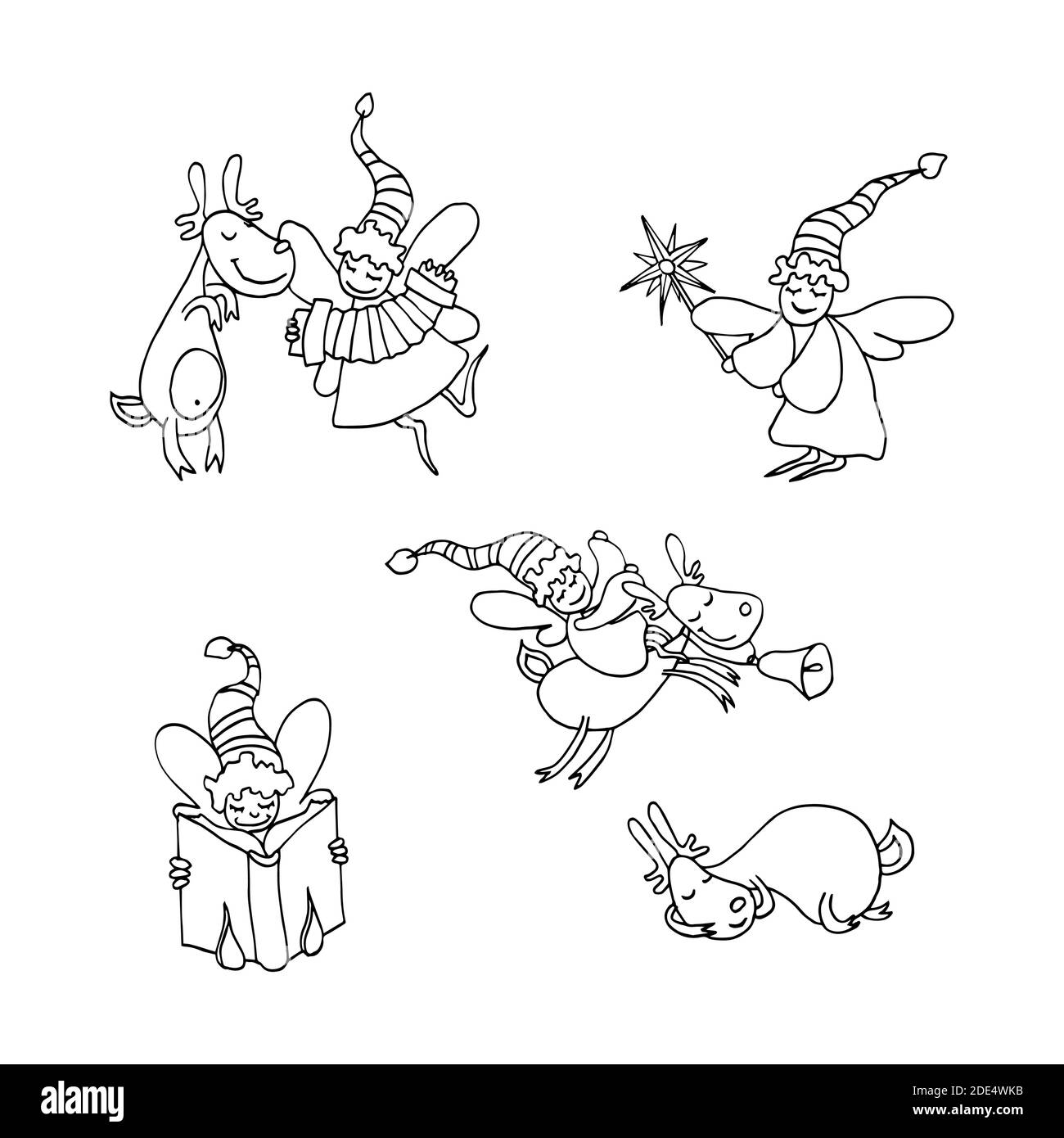 Illustration vectorielle d'un ensemble d'anges de Noël et de cerfs qui volent, s'amusent et célèbrent. Dessin à la main dessin art de ligne personnage de Noël Illustration de Vecteur