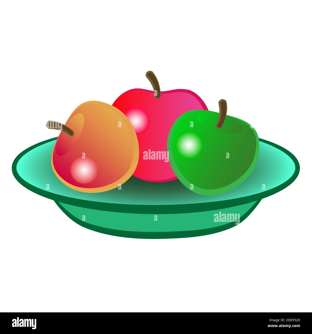 Trois pommes mûres de différentes couleurs se trouvent sur un plateau isolé sur un fond blanc. Illustration de Vecteur