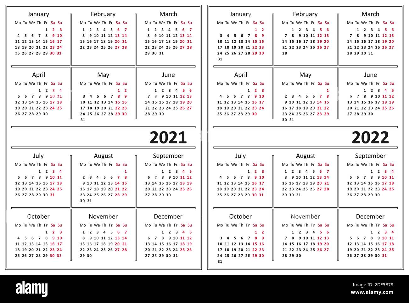 Modèle de calendrier 2021, 2022. La semaine commence le lundi Illustration de Vecteur