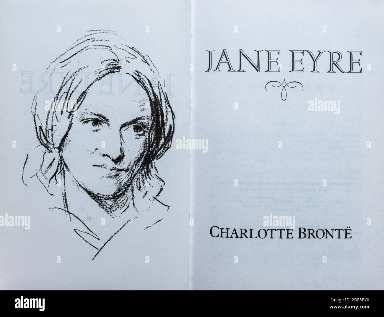 Livre Jane Eyre - roman de Charlotte Bronte. Page de titre et dessin de l'auteur. Banque D'Images