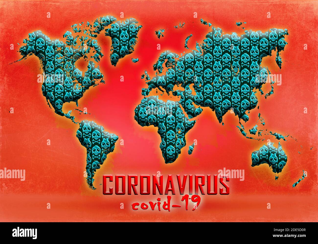 Virus Corona, Covid-19; carte du monde avec images de crânes décoratifs Banque D'Images