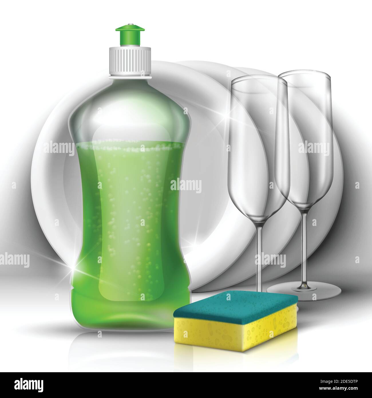 vaisselle de nettoyage 3d réaliste vector liquide avec jeu de vaisselle et de lunettes. Concept de ménage et de cuisine. Illustration de Vecteur