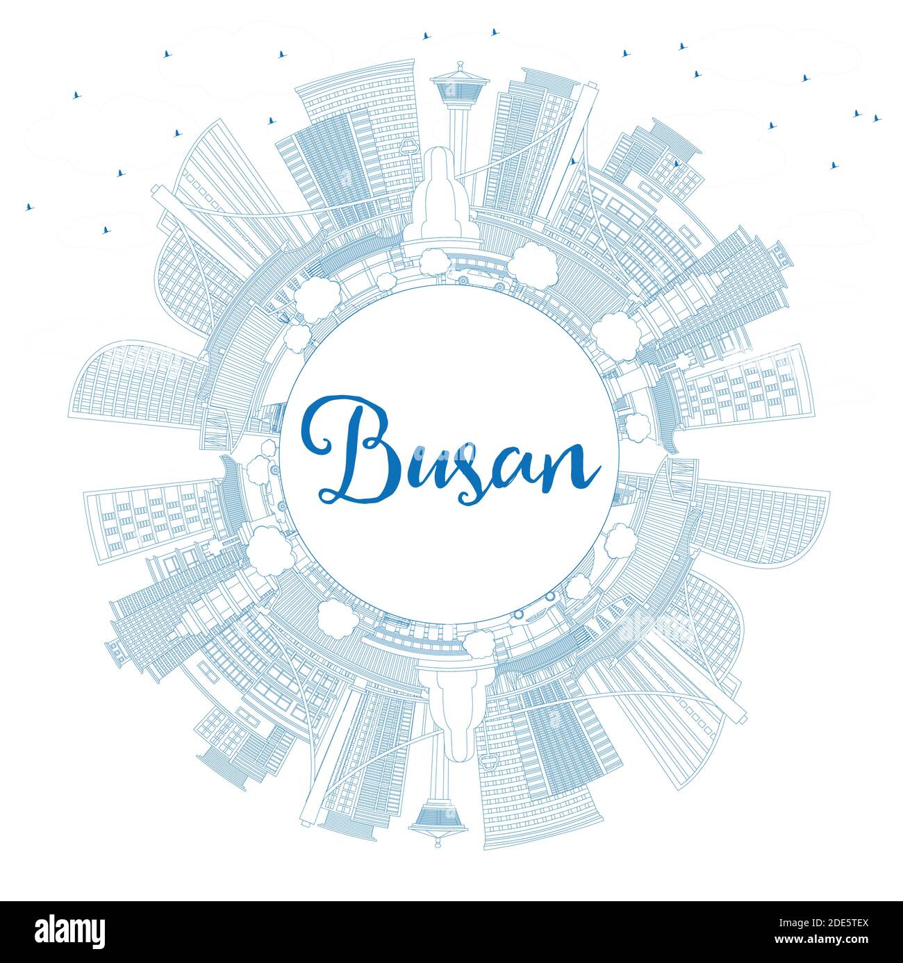 Outline Busan South Korea City Skyline avec Blue Buildings et Copy Space. Illustration vectorielle. Voyages d'affaires et tourisme. Illustration de Vecteur