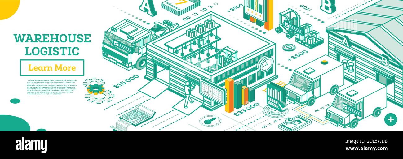 Extérieur de l'entrepôt. Concept de contour isométrique avec Storehouse Buildings. Système logistique d'entrepôt. Chargement des camions de livraison. Infographies. Illustration de Vecteur