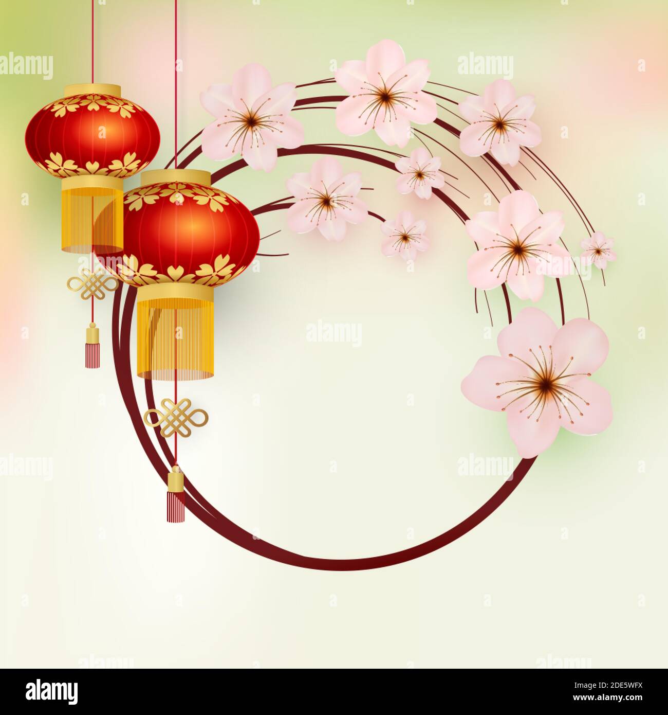 Cadre fleuri. Lanternes chinoises et fleurs de sakura. Modèle pour une carte de vacances. Fond asiatique. Style rétro. Vecteur Illustration de Vecteur