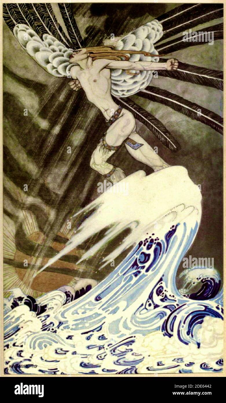 Le vent du Nord passe au-dessus de la mer. Illustration de Kay Nielsen pour les contes folkloriques norvégiens de l'est du Soleil, de l'Ouest de la Lune - 1914. Banque D'Images