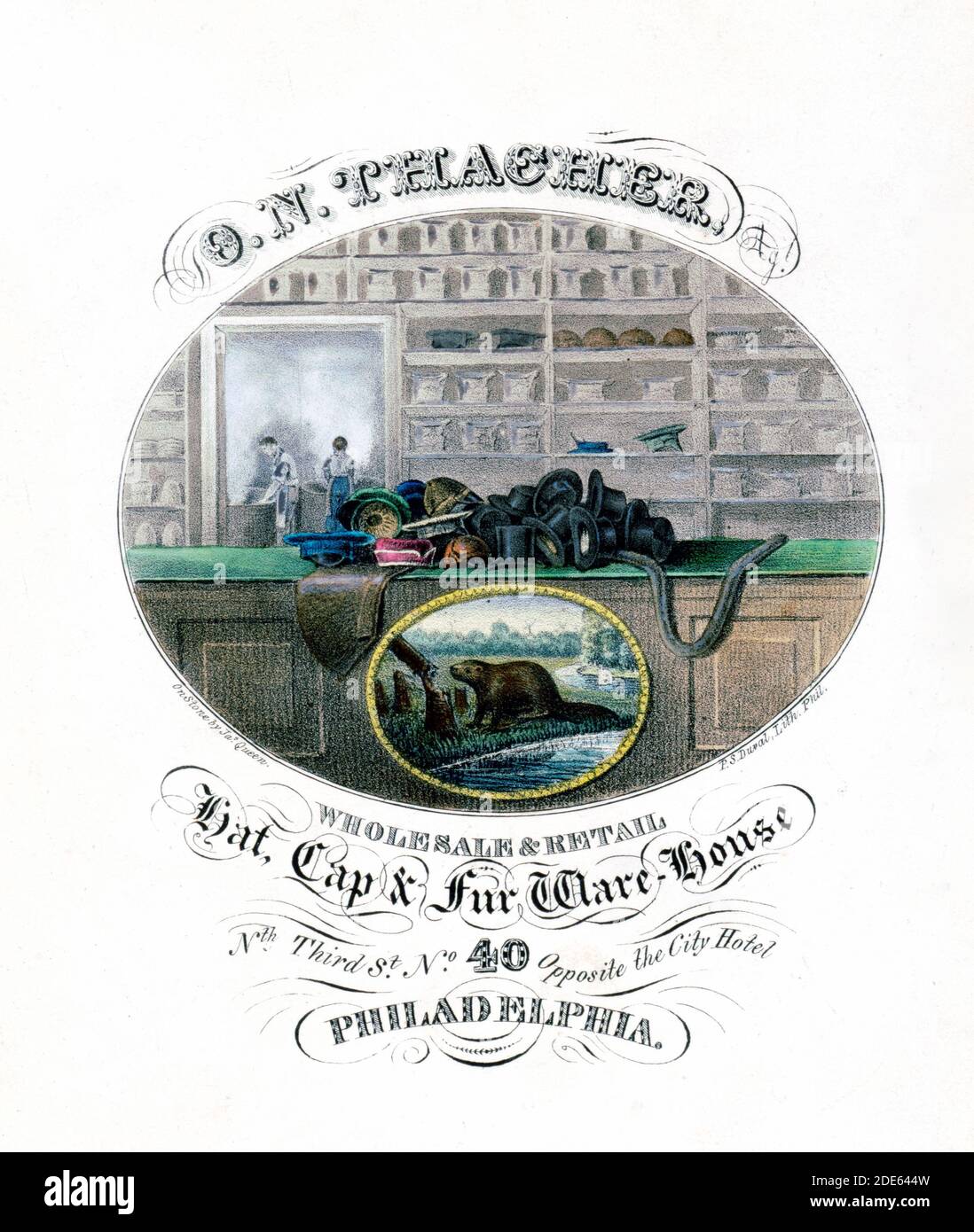 Publicité pour la création à Thacher nth. Troisième fleuve, n° 40, en face de l'Hôtel de Ville, Philadelphie, montrant vue de l'intérieur de boutique avec des chapeaux empilés sur un comptoir et sur des étagères Banque D'Images