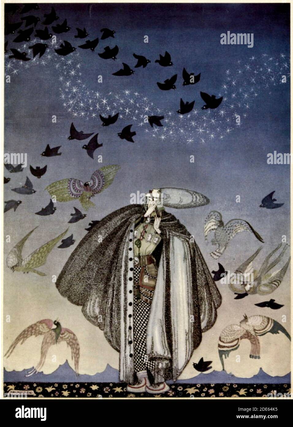 Illustration classique de Kay Nielsen pour l'est du Soleil, l'ouest de la lune. Un tel grand troupeau d'oiseaux a balayé vers le bas qu'ils noircissent tout le champ. Banque D'Images