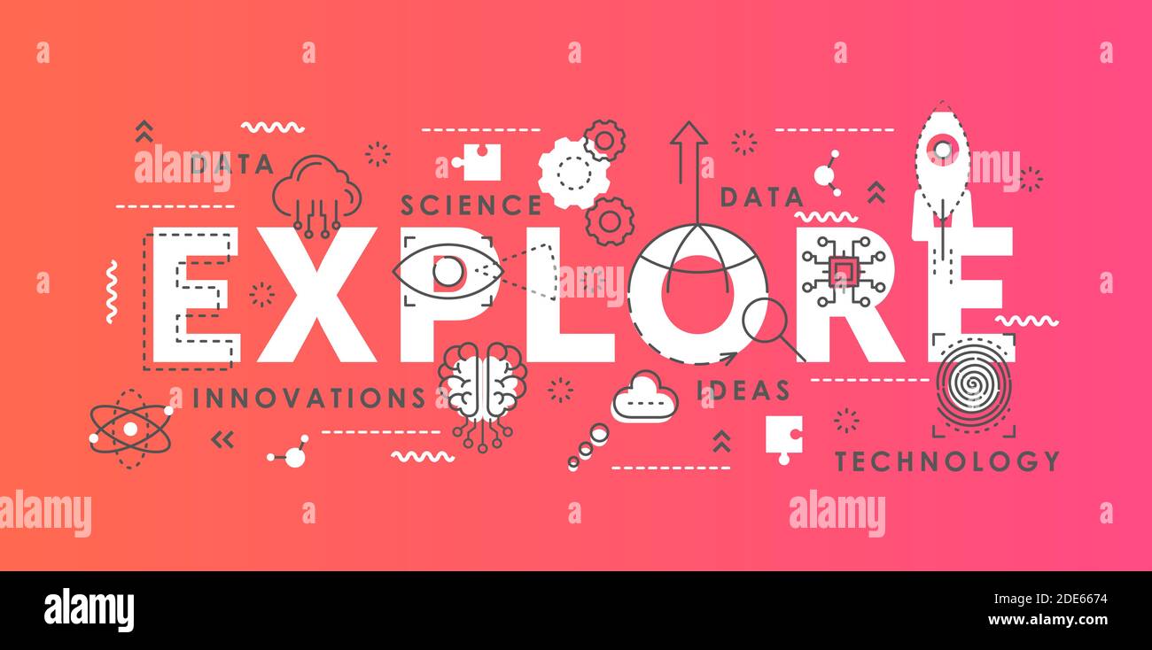 Explorez l'illustration vectorielle fine en forme de texte abstrait avec symboles scientifiques de l'innovation, équipement de laboratoire scientifique, concept de développement d'idées Illustration de Vecteur