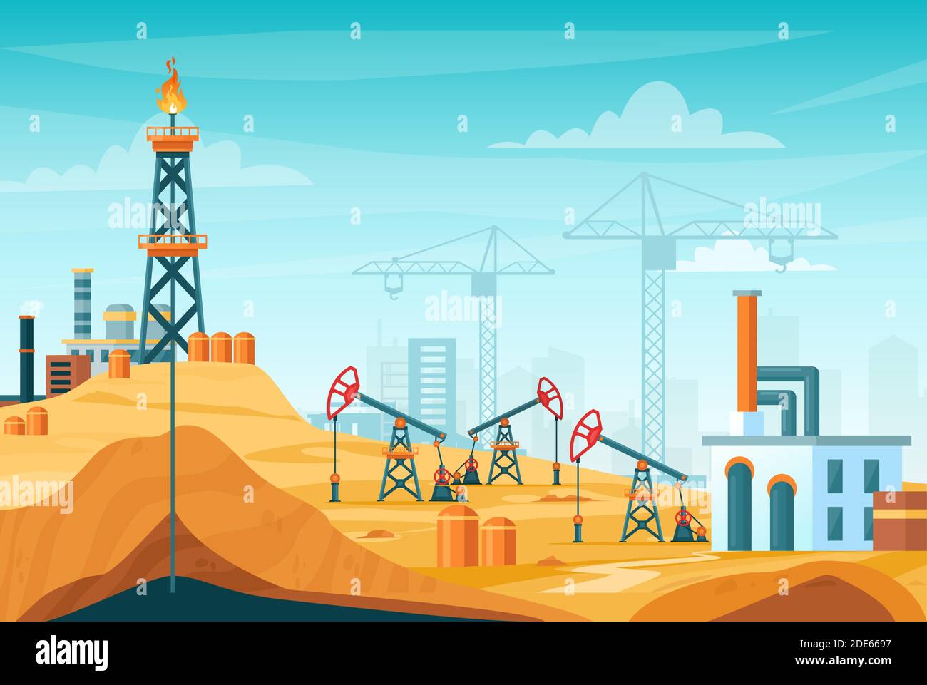Illustration vectorielle de paysage d'extraction de pétrole, horizon urbain de l'usine de dessin animé plat avec forage de puits, tour de forage de pétrole pour pomper le liquide noir Illustration de Vecteur