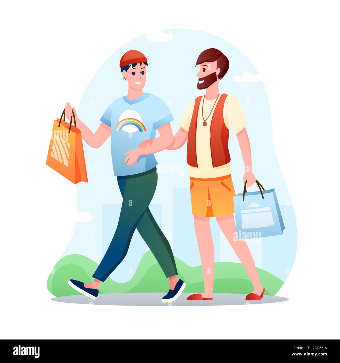 Gay couple LGBT amour illustration vecteur, dessin animé plat heureux homme partenaires personnages marchant ensemble, amour, gay relation isolée sur blanc Illustration de Vecteur