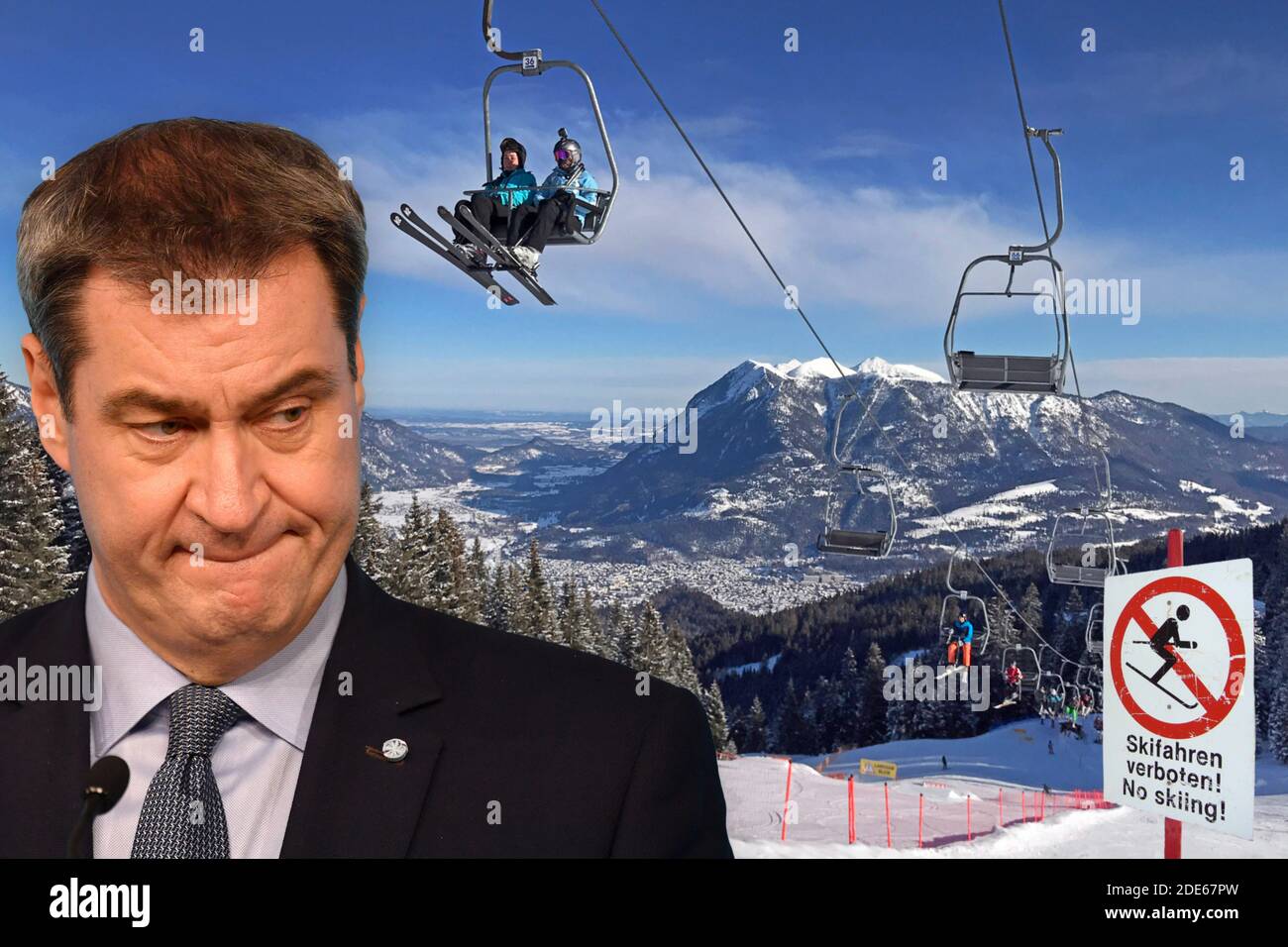 PHOTOMONTAGE ski vacances dans l'hiver Corona? Markus SOEDER (Premier ministre de Bavière et président du CSU) et d'autres politiciens européens de premier plan pour la fermeture des pistes de ski à l'échelle européenne. Archiver la photo. Skieurs dans les Alpes bavaroises, domaine skiable de Garmisch Classic, Kreuzeck, télésiège. Bavière, Allemagne, ski, ski, conduite, ski, vacances de ski, soleil, vue, loisir, sport, paysage, activité, neige, sports d'hiver, amateurs de sports d'hiver, domaine des sports d'hiver, montagnes, neige. Â | utilisation dans le monde entier Banque D'Images