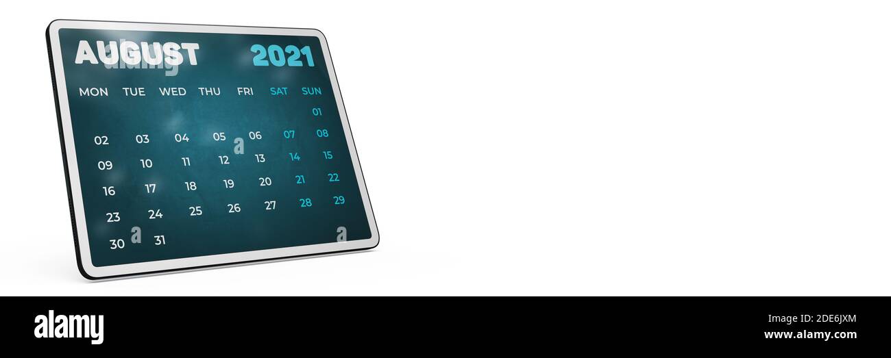 Concept de la nouvelle année : calendrier anglais pour août 2021. Planificateur d'horaires bleu rendu 3D sur l'écran de la tablette. Agenda mensuel sur fond blanc isolé. Banque D'Images