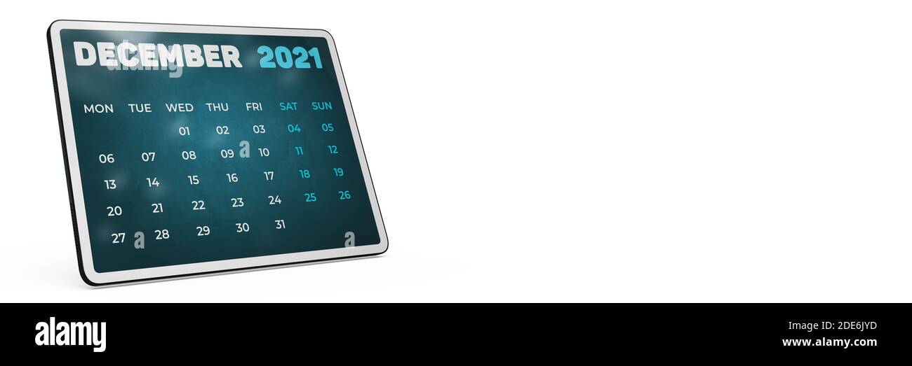 Concept de la nouvelle année : calendrier anglais pour décembre 2021. Planificateur d'horaires bleu rendu 3D sur l'écran de la tablette. Agenda mensuel sur fond blanc isolé. Banque D'Images