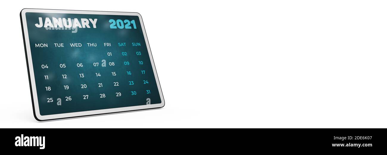 Concept de la nouvelle année : calendrier anglais pour janvier 2021. Planificateur d'horaires bleu rendu 3D sur l'écran de la tablette. Agenda mensuel sur fond blanc isolé. Banque D'Images